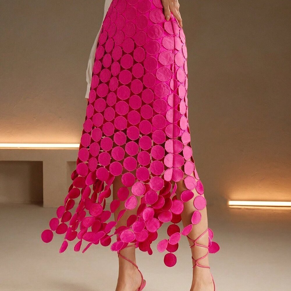 Pink Casual Women's Laser Cut Multi Circle Double Layered Skirt - Picture 4 of 8